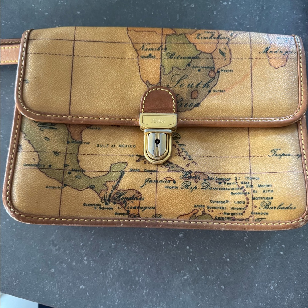 Alviero Martini Tan and Brown Messenger Bag with Map Design